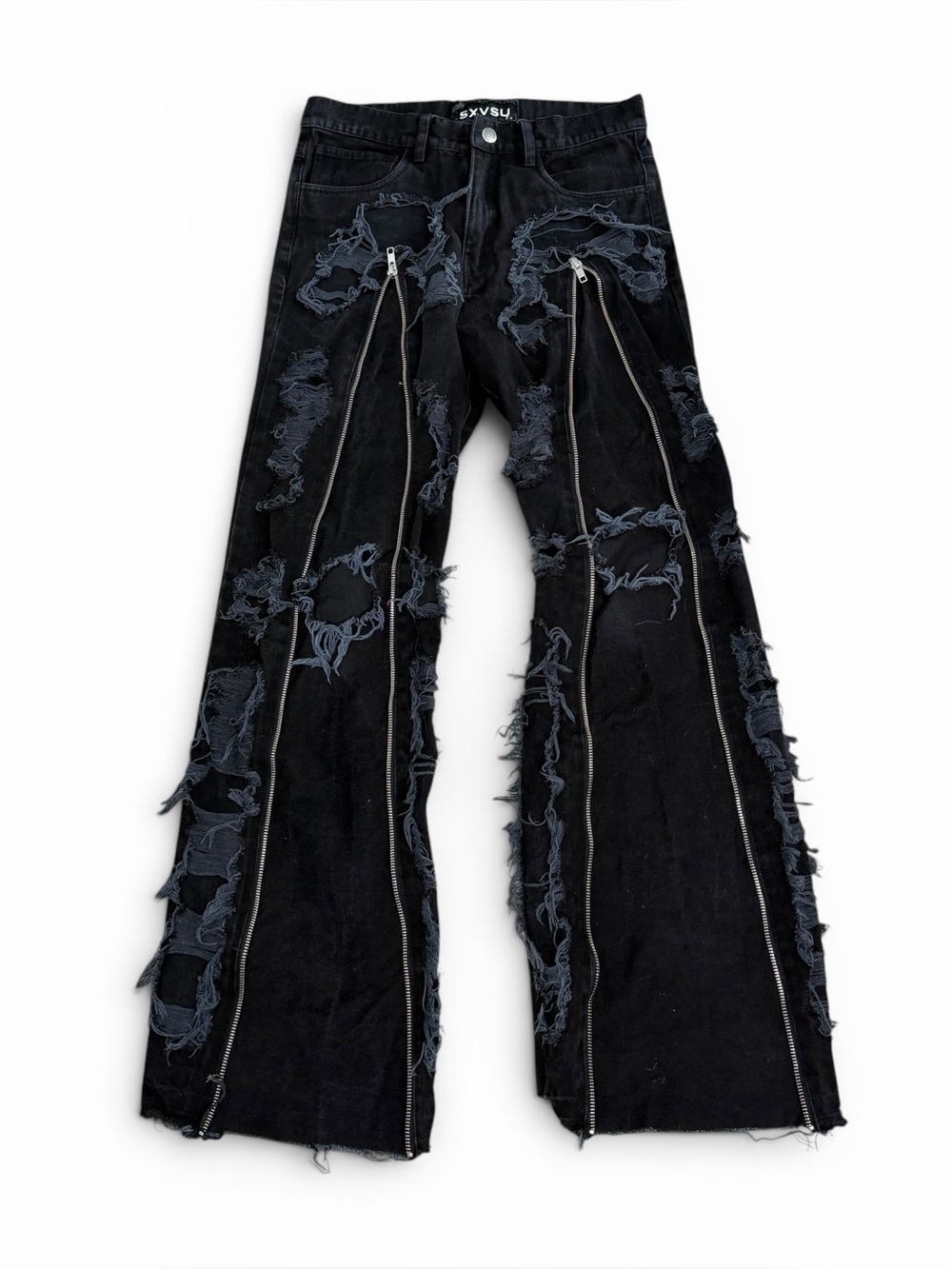 Underground Streetwear Designer SVXSU Black Distressed Zip Denim Pants Size 28